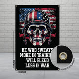 American Flag Skull Military Poster, Inspirational Quote Wall Art, He Who Sweats More In Training Tactical Decor, 36x24 Inches