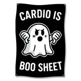 Ghost with thumbs down, "Cardio is boo sheet" text on black background.