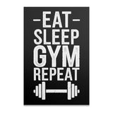 Black textured background with "EAT SLEEP GYM REPEAT" in white text and barbell illustration.