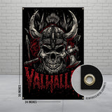 Valhalla Skull Viking Helmet Banner, Gothic Skull Wall Art, Medieval Warrior Decor, Norse Mythology Wall Hanging, Viking Room Decor