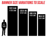 a series of banner sizes, ranging from small to large, with a silhouette of a person standing next to each size.
