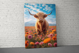 Highland Cow Wall Art, Fluffy Coo in Flower Field, Vibrant Mountain Landscape, Scottish Cattle Print, Farmhouse Home Decor, Animal Lover