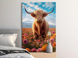 Highland Cow Wall Art, Rustic Farmhouse Decor, Scottish Cattle Print, Floral Meadow Landscape, Mountain View, Boho Nature Poster, Animal