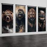 four large, striking animal portraits hanging on a wall, including a fierce-looking bear, a gorilla, a lion, and a wolf.