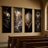 a church interior with four large paintings hanging on the wall, depicting various religious scenes and symbols.