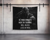 He Who Sweats More In Training Will Bleed Less In War Tapestry Motivational Quote Home Gym Banner Wall Art Fitness Decor