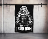 Jimmy's Iron Gym logo with a muscular lion holding dumbbells.