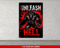 a poster of a demon on a brick wall
