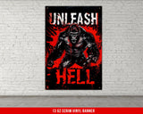 a poster of a demon on a brick wall