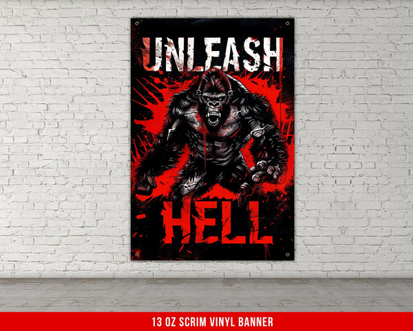 a poster of a demon on a brick wall
