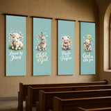 four wall hangings depicting cute animals, including a lamb, a rabbit, a bear, and a baby elephant, along with Bible verse lyrics.