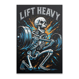 Skeleton lifting a barbell with "LIFT HEAVY" text above.