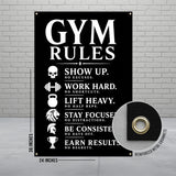 Gym rules poster with black and white text and reinforced grommets.