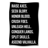 Viking Warrior Banner, Raise Axes, Seek Glory, Honor Blood, Crush Foes, Unleash Hell, Conquer Lands, Split Skulls, Ascend Valhalla