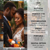 The image is a collage of two photos: a close-up of a couple embracing and a close-up of a bouquet of flowers.