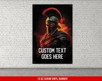 a poster on a brick wall of a spartan soldier