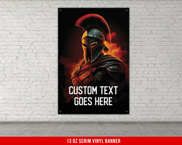 a poster on a brick wall of a spartan soldier