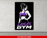 Woman in workout clothes against black background, "Layla's Gym" text.
