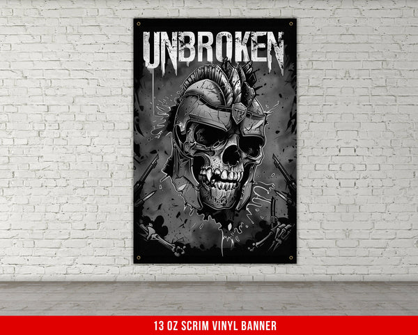 a brick wall with a poster of a skull wearing a helmet