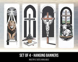 Set of 4 Christian Catholic Banners - Jesus, Cross, Lamb, Crown - Church and Home Religious Wall Art V30
