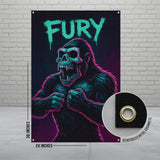 Gorilla with glowing eyes and "FURY" text, 24x36 inches, reinforced metal grommets.