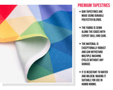 The image is a close-up of a colorful fabric with a text box providing information about the fabric, including that it is made using durable polyester blends, the fabric is sewn along the edges with expert skill and care, the material is exceptionally robust and can withstand multiple washing cycles without any damage, and it is resistant to water and mildew, making it suitable for use in humid rooms.
