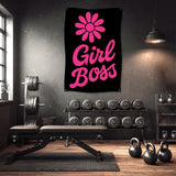 Black flag with pink "Girl Boss" text and a flower design.