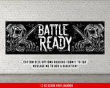 a brick wall with a banner that says battle ready
