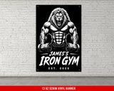 James's Iron Gym banner with muscular lion holding dumbbells.