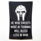 He Who Sweats Gym Flag 5x3 | Motivational Workout Banner for Home Gym Garage Dorm | Large Weightlifting Wall Decor | Gifts For Him