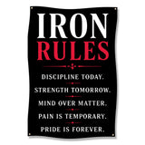 Black banner with "IRON RULES" and motivational quotes in white and red text.