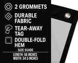 The image is a black and white advertisement for a product, likely a projector or screen. It features a size guide with dimensions of 56 inches by 34.5 inches. The ad includes icons representing the product's features, such as durability, fabric, tear-away, tag, and double-fold hem. The ad does not provide any additional information beyond the product's size guide.