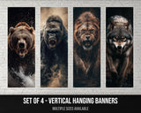 The image is a set of four vertical hanging banners featuring different wild animals, including a bear, a gorilla, a lion, and a wolf.