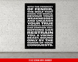 a black and white poster on a white brick wall