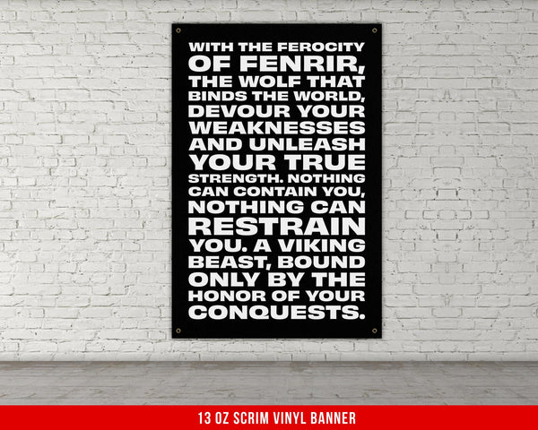 a black and white poster on a white brick wall