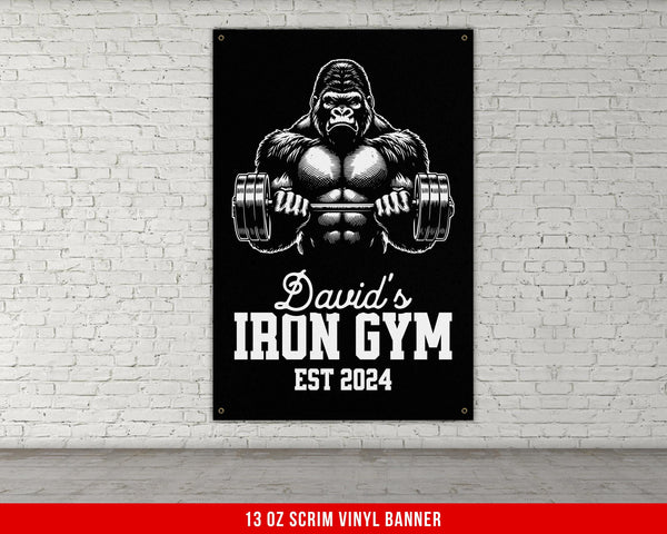 a picture of a gorilla with a barbell on it