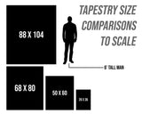 The image is a comparison of the sizes of different tapestry sizes, with a silhouette of a man standing between the sizes.