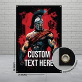 Spartan warrior banner, epic wall art, custom text decor, bold red and black poster, medieval soldier print, 24x36 inches, home decor