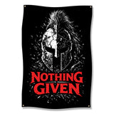 Spartan helmet with "NOTHING GIVEN" text on black background.
