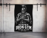 Skeleton warrior in armor holding sword with "ETHAN'S IRON GYM" text.
