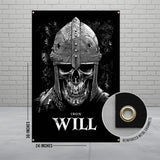 Viking warrior poster, skull helmet artwork, medieval battlefield decor, 30x24 metal grommet banner, black and white wall art