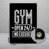 GYM banner open 24/7 no excuses wall art, inspirational fitness decor sign, workout motivation poster, home gym decoration