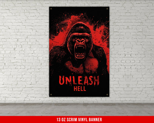 a poster of a gorilla on a brick wall