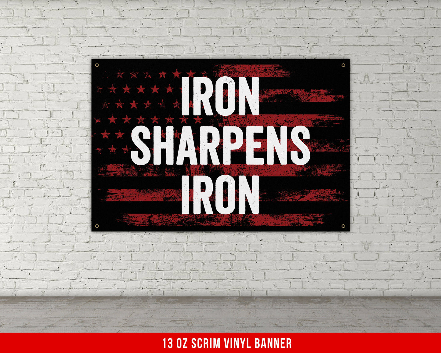 Iron Sharpens Iron Banner - Home Gym Decor - Large Motivational Quote Wall Art - Weightlifting - USA Background - Sports Inspiration