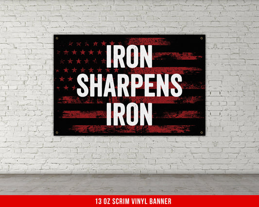 Iron Sharpens Iron Banner - Home Gym Decor - Large Motivational Quote Wall Art - Weightlifting - USA Background - Sports Inspiration