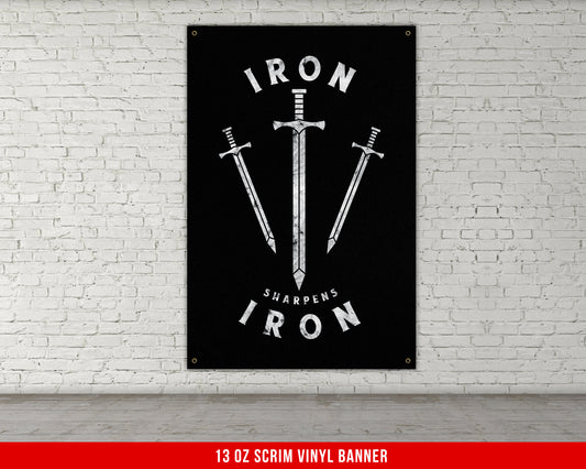 Iron Sharpens Iron Banner - Home Gym Decor - Large Motivational Quote Wall Art - Weightlifting - Sports Inspiration