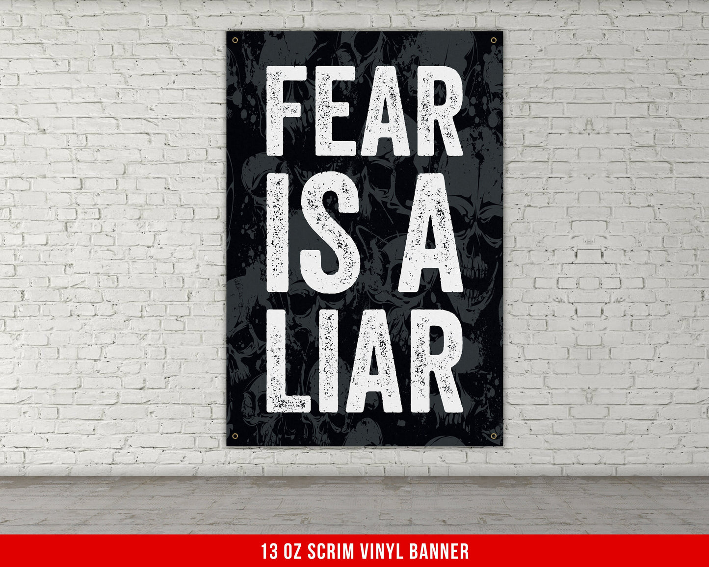 Fear Is A Liar Banner - Home Gym Decor - Large Motivational Quote Wall Art - Weightlifting - Skull Background - Sports Inspiration