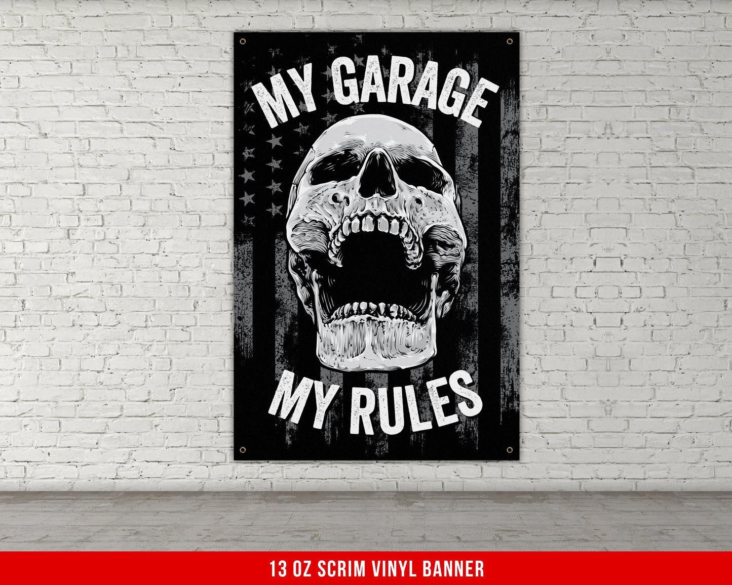 My Garage My Rules Banner - Home Garage Decor - Large Quote Mechanic Wall Art - Funny Auto Shop Man Cave Skull USA