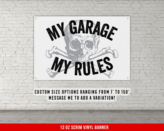 My Garage My Rules Banner - Home Garage Decor - Large Quote Mechanic Wall Art Skull - Funny Auto Shop Man Cave