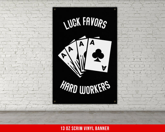 Luck Favors Hard Workers Banner - Home Gym Decor - Large Motivational Quote Wall Art - Weightlifting - Sports Inspiration